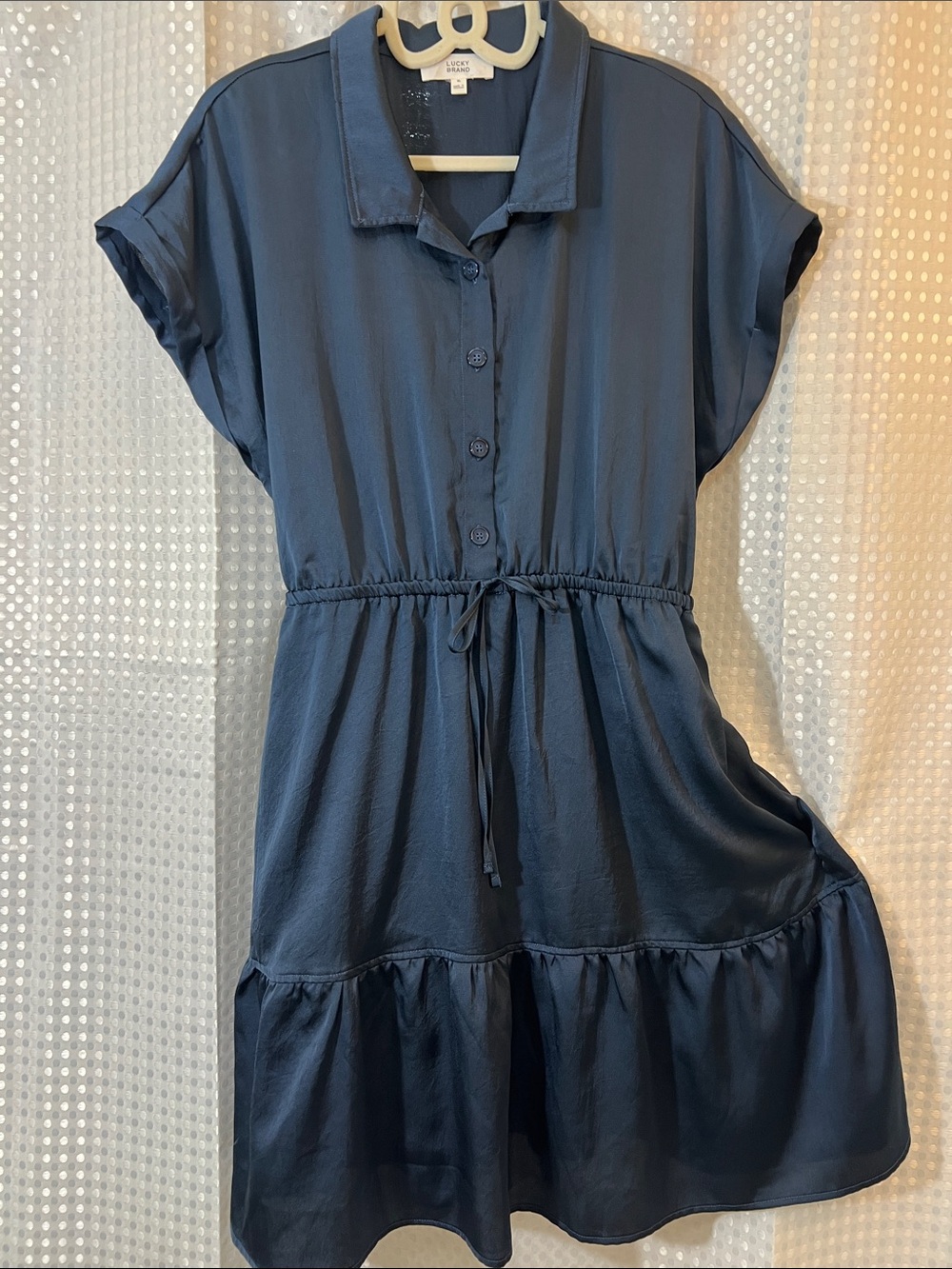 LUCKY BRAND Navy Blue Midi Dress w/Ruffle Bottom & Elasticized Waist &Bow Accent